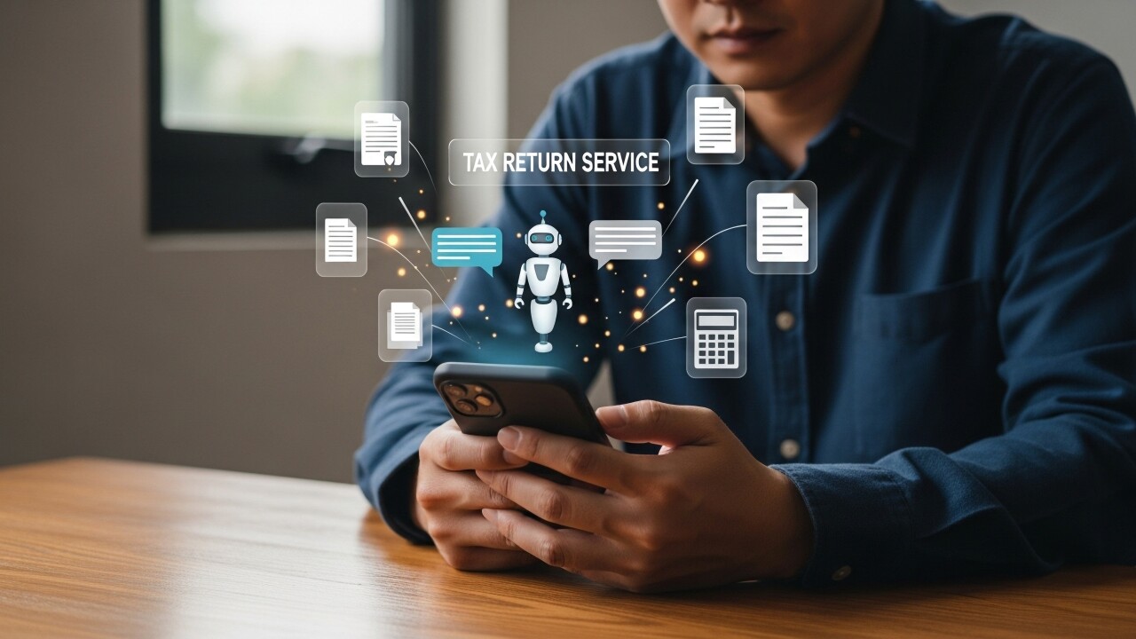 A man uses his smartphone to interact with an AI tax return service, featuring a robot icon and digital documents.