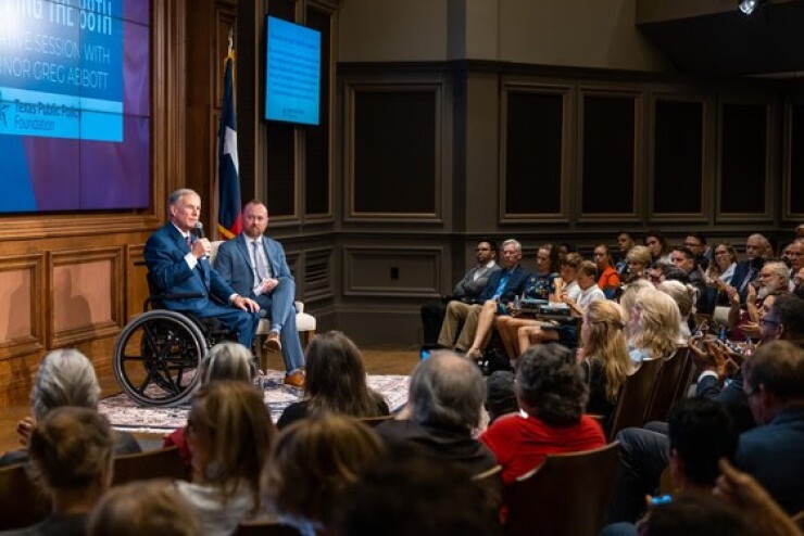 Texas governor Greg Abbott touts his property tax cut plan to a conservative group.