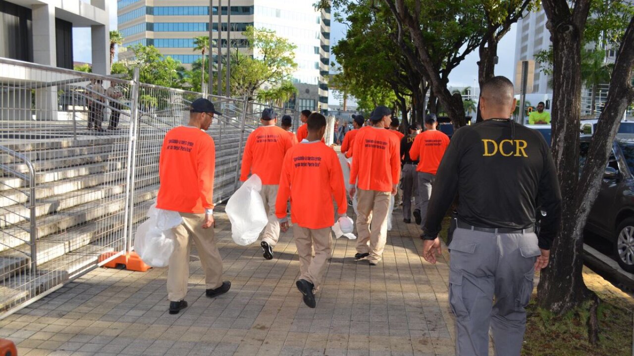 Inmates clean up after a May 1 2017 Puerto Rico demonstration