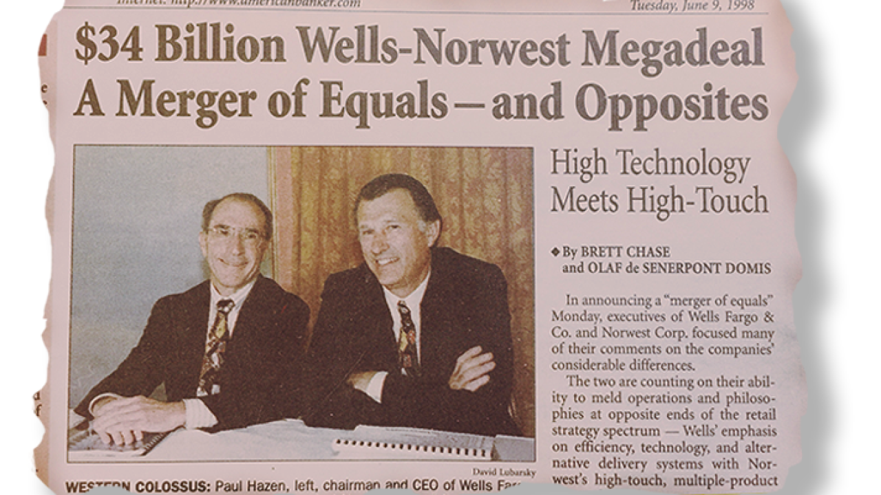 The American Banker issue in 1998 announcing the Wells Fargo-Norwest merger.
