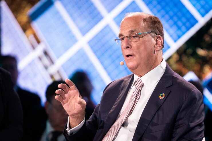 Larry Fink, chairman and chief executive officer of BlackRock Financial Management, speaks during the One Planet Summit in New York, U.S., on Wednesday, Sept. 26, 2018.