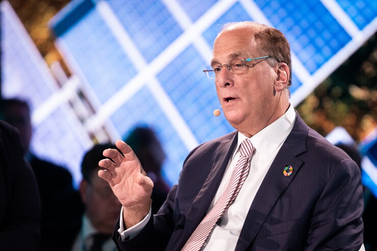 Larry Fink, chairman and chief executive officer of BlackRock Financial Management, speaks during the One Planet Summit in New York, U.S., on Wednesday, Sept. 26, 2018. 