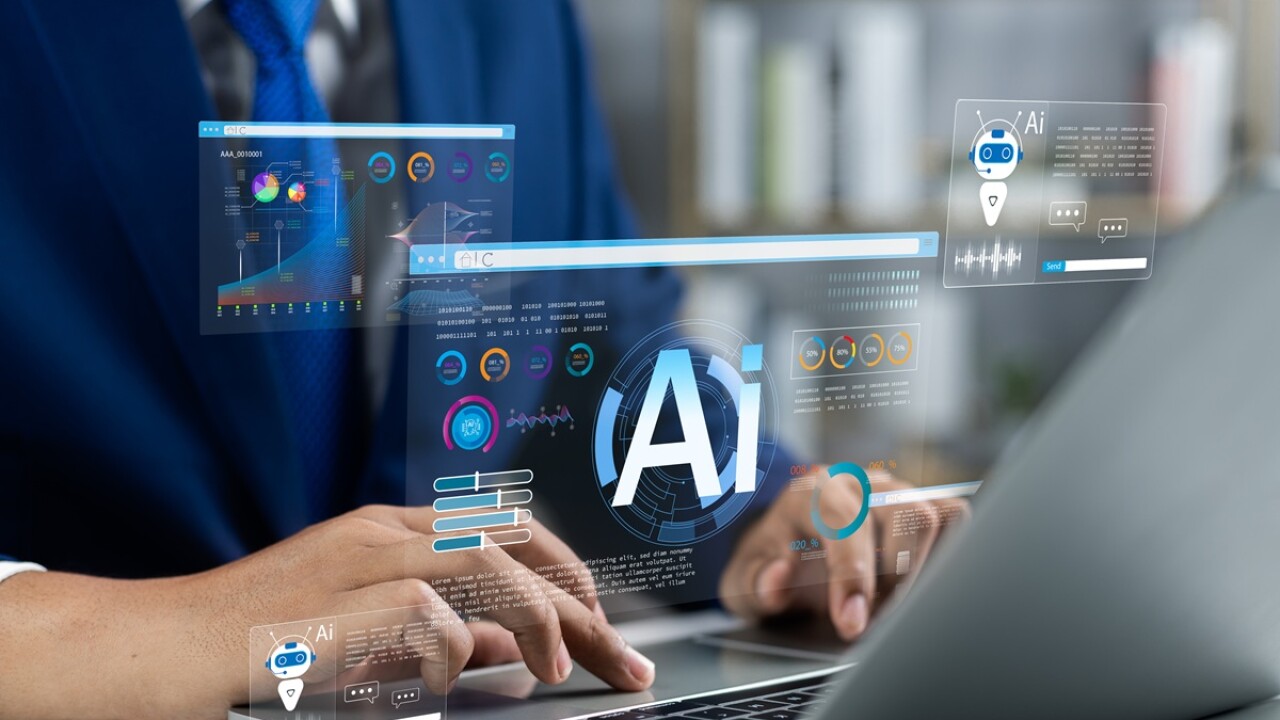 Person working on a laptop with the letters AI rising above the keyboard.