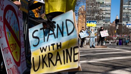 Demonstrators Protest Russian Invasion Of Ukraine Outside United Nations