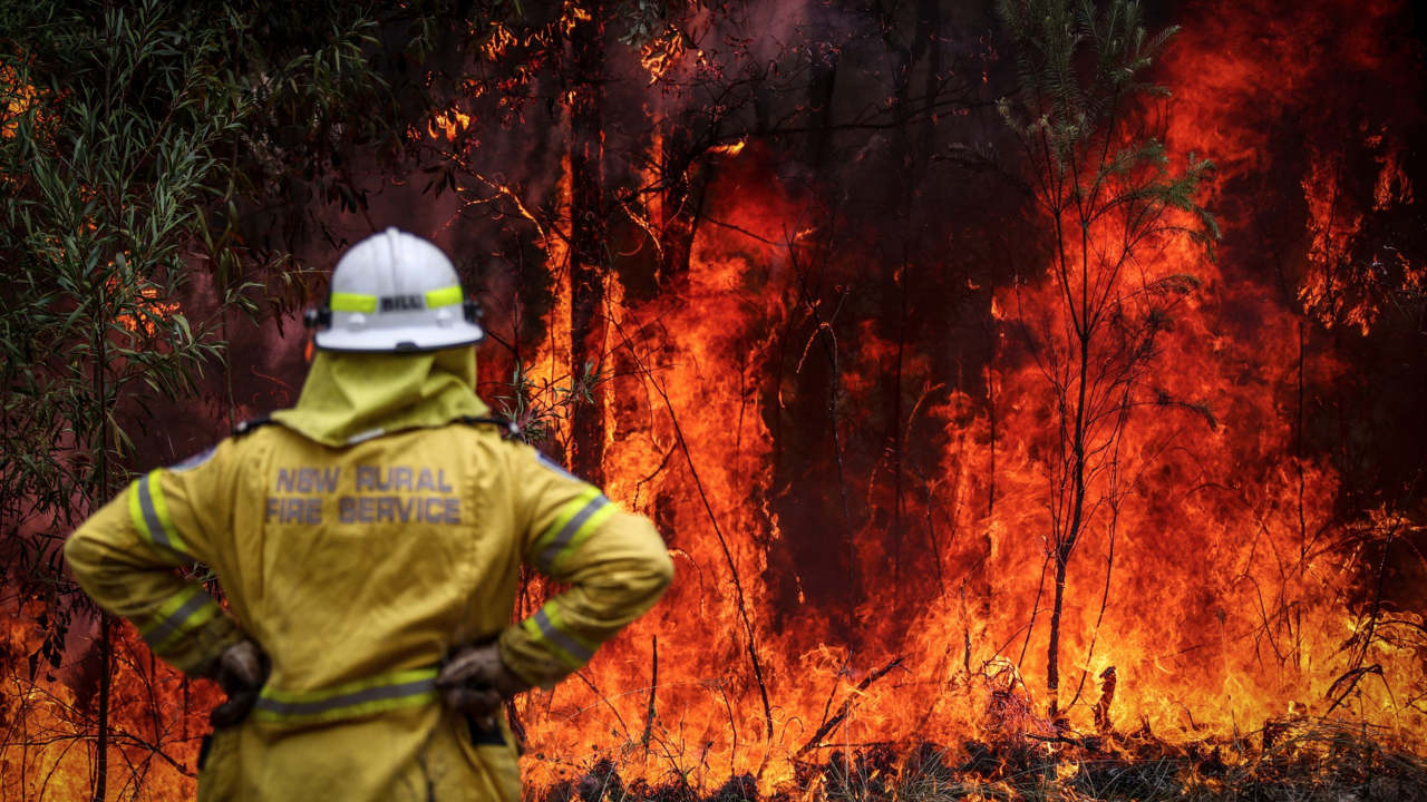 A New South Wales (NSW) Rural Fire Service volunteer watches a fire in bushland during back-burning operations in bushland near the town of Kulnura, New South Wales, Australia, on Thursday, Dec. 12, 2019.