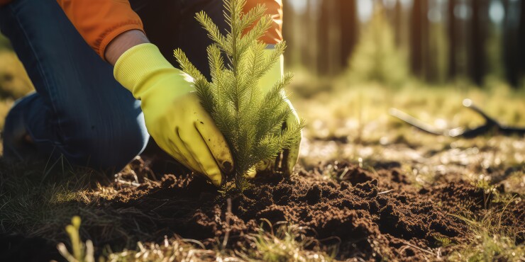 A person planting a pine tree seedling