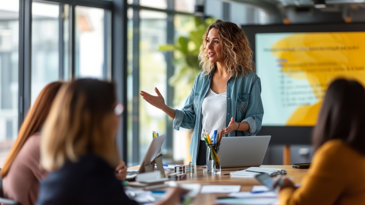 Woman speaking in front of a group of people around a table.