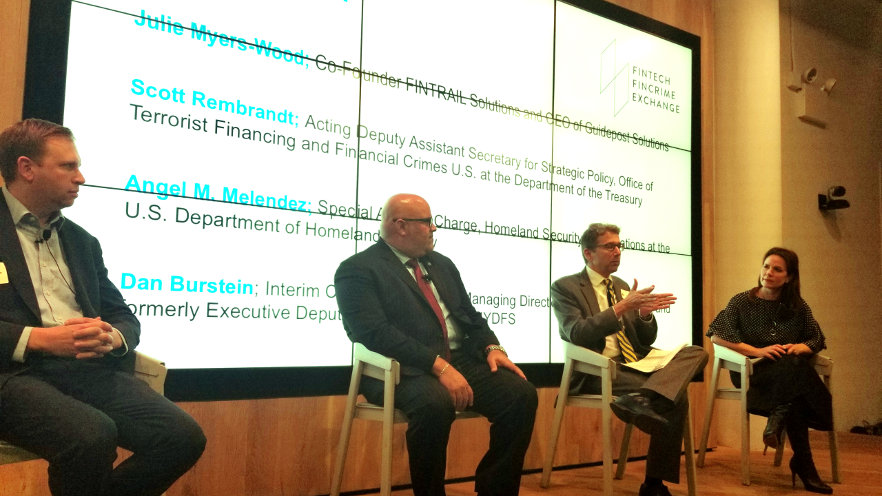 (From l.) Daniel Burnstein, senior managing director, Guidepost; Angel M. Melendez, special agent in charge, Homeland Security Investigations at the U.S. Department of Homeland Security; Scott Rembrandt, acting deputy assistant secretary for strategic policy, Office of Terrorist Financing and Financial Crimes U.S. at the Department of the Treasury; and Julie Myers Wood, Guidepost Solutions CEO and Fintrail Solutions co-founder.