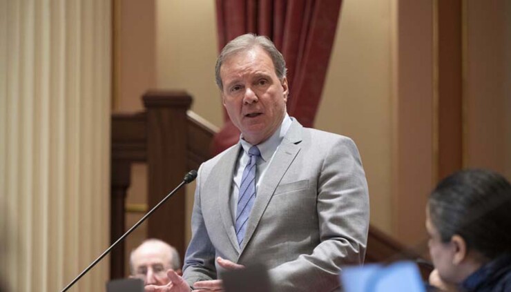 California Sen. Dave Cortese, D-San Jose, testifies on the state Senate floor.