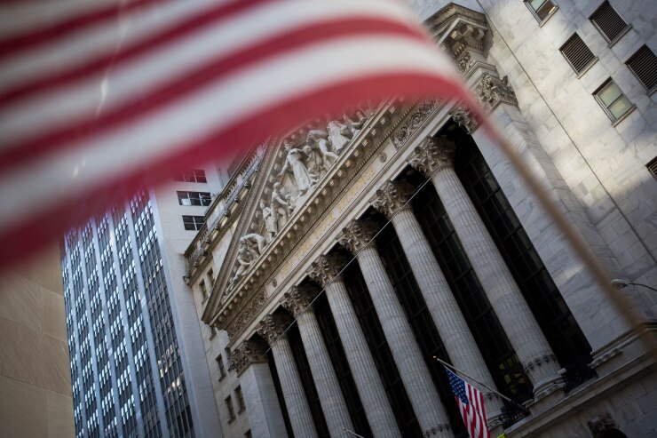 New York Stock Exchange with American flag