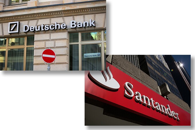 Signs on Deutsche Bank and Santander branches.