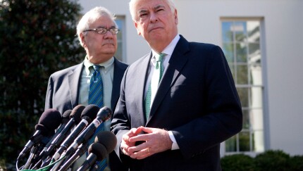 Sen. Chris Dodd, right, speaking at a news conference with Rep. Barney Frank at the White House on March 24, 2010.