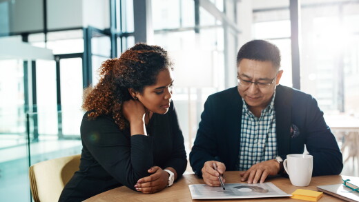 Meeting, finance and planning of people manager with graphs, charts and analysis, teamwork and collaboration. Business documents, financial report and accounting senior person, boss and leadership.