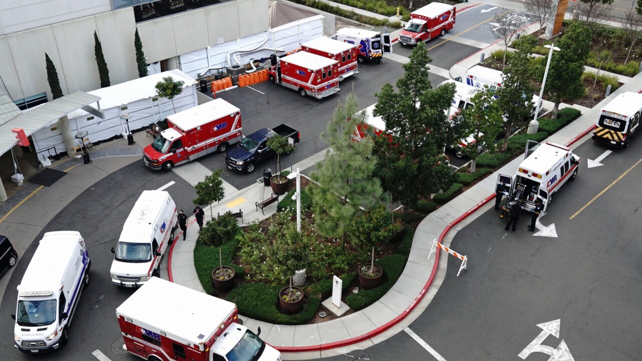 Ambulances outside the emergency department of Sharp Memorial Hospital in San Diego, California, on Thursday, Jan. 28, 2021.
