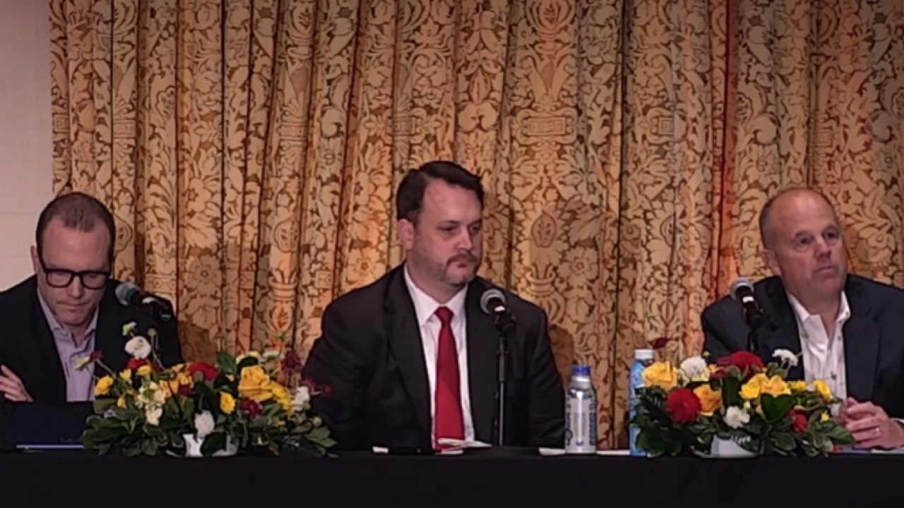 (Left to right) EY partner Mark Kronforst, SEC acting chief accountant Ryan Wolfe and FASB chair Richard Jones at the Financial Executives International and USC Leventhal conference.