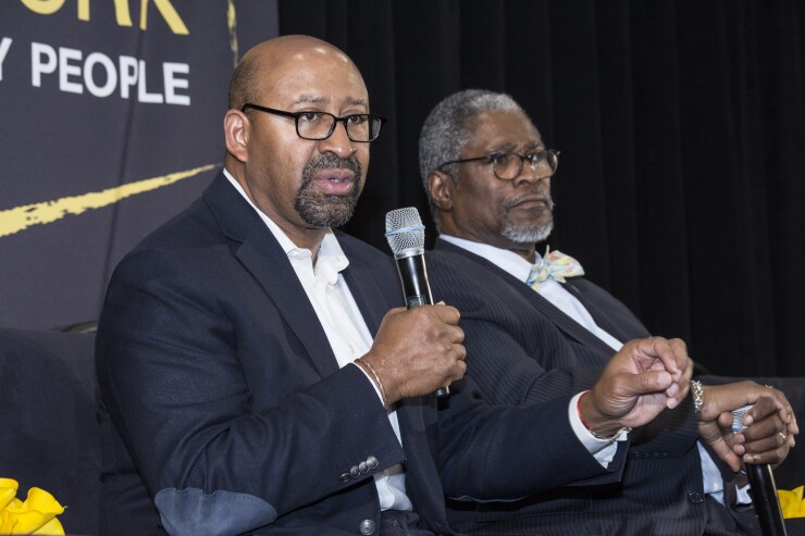 Former Philadelphia Mayor Michael Nutter, left, and Kansas City Mayor Sly James, on May 9, 2018 at the Smart Cities New York conference in New York.